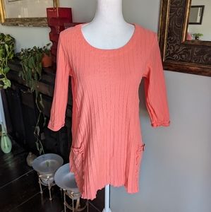 Ali Miles Coral Orange Pleat Blouse Women's Small 3/4Sleeve Cotton Tunic Top 97